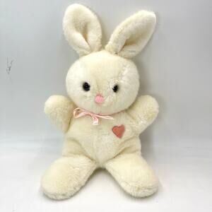 18" Vintage 1984 Dakin White Heart Throb Bunny Plush Pink Ribbon Flat Rabbit